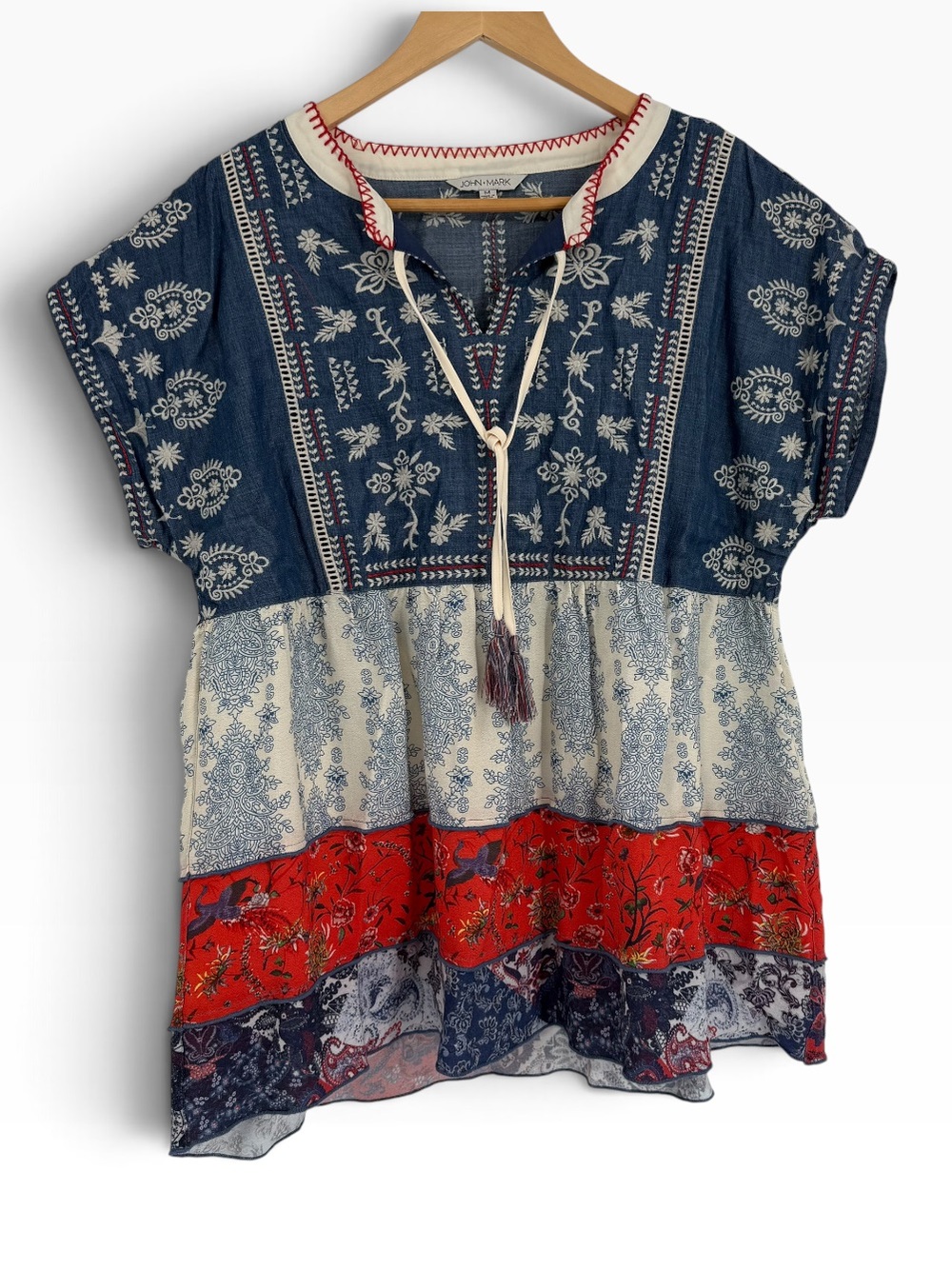 John Mark Embroidered Top Womens Size M Boho Mixed Print Tassel Tie Peplum